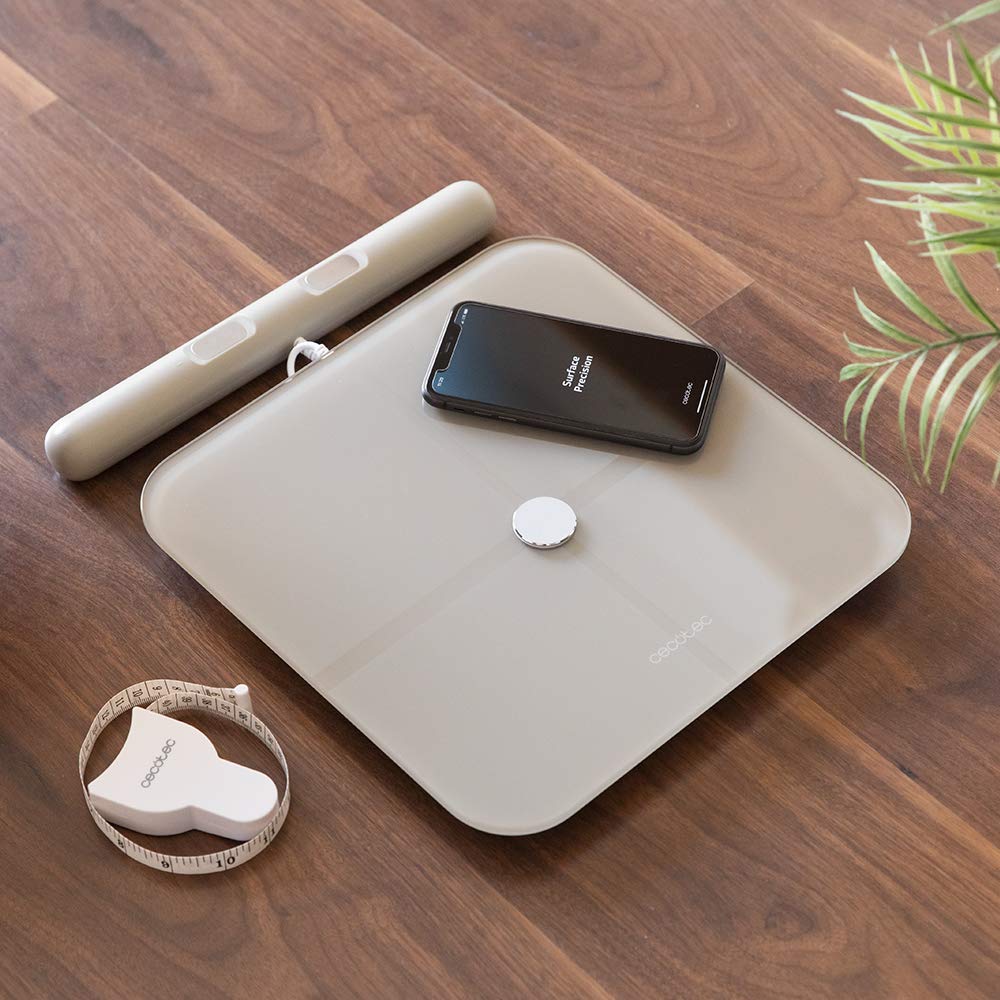 Cecotec Waage Surface Precision 10600 Smart Healty Pro Beige. Mit App, Bluetooth-Konnektivität, Leiste mit Sensoren für die Bioimpedanzmessung, 15 Parameter, extraplanes Design