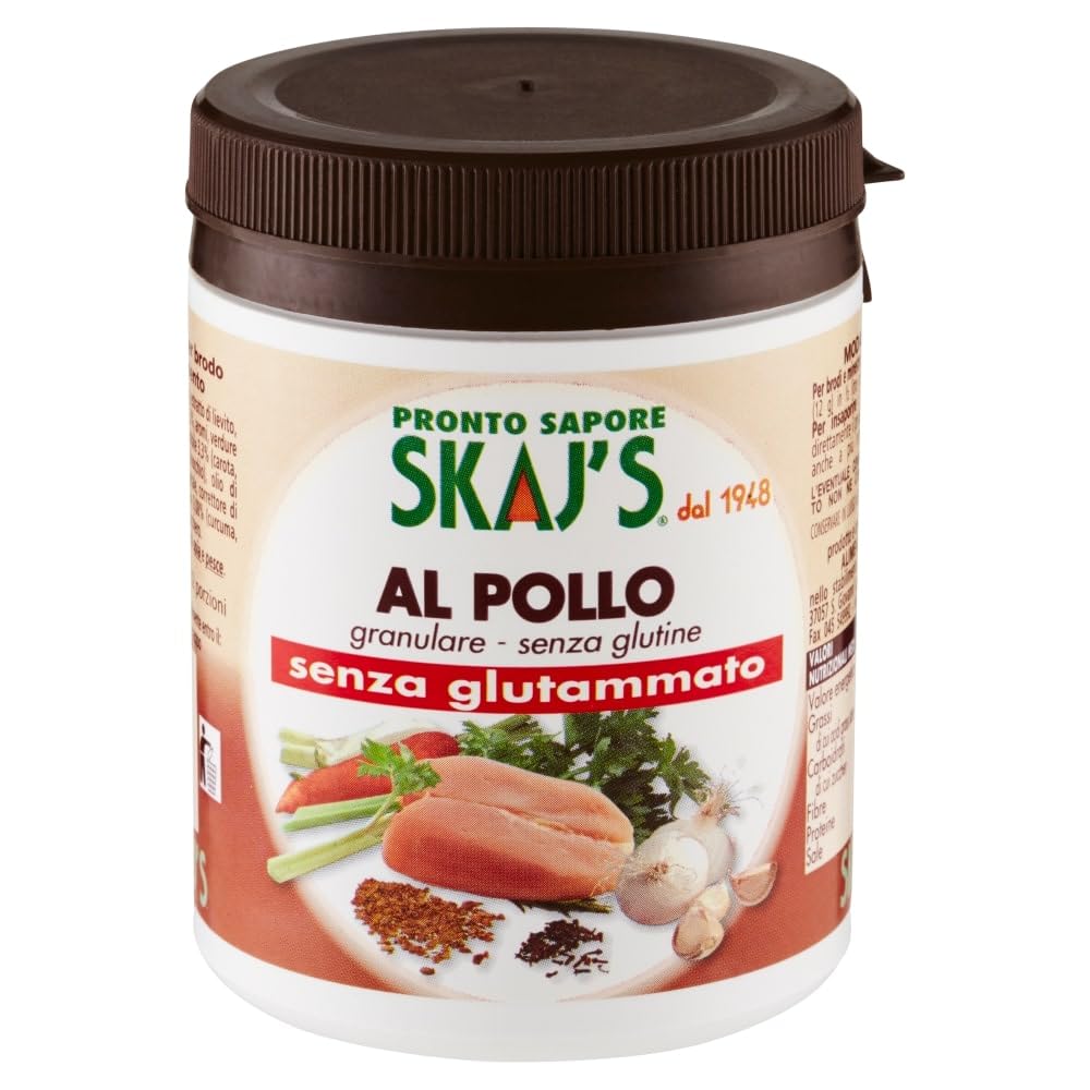 Preparato granulare per brodo e condimento gusto pollo, senza glutine, senza glutammato, senza conservanti, pochi grassi 150 g. 6 Pz