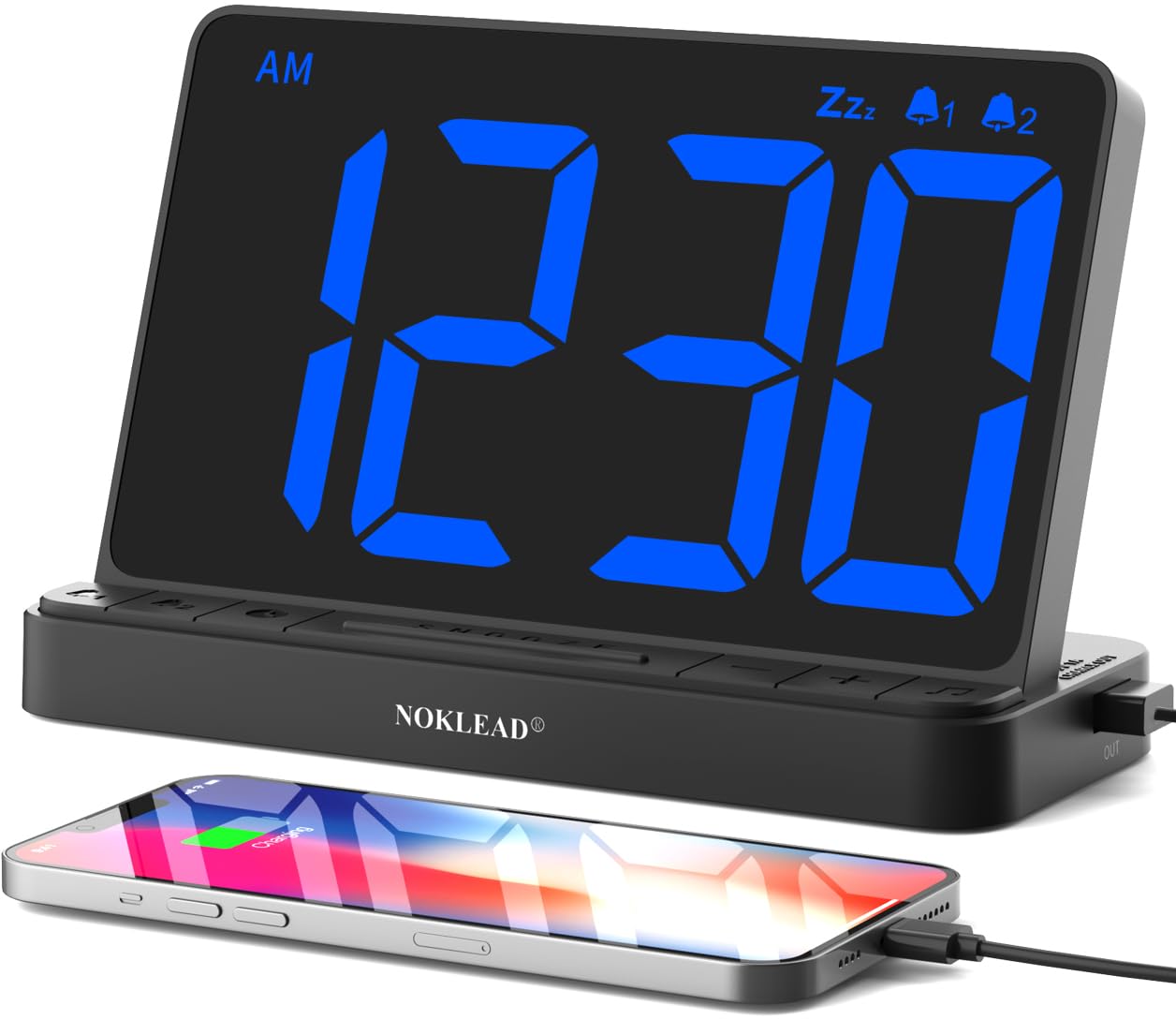 NOKLEAD Reloj Despertador Digital - Reloj Digital Sobremesa con 5 Sonidos de Alarma, Brillo Ajustable, Reloj Digital con Cargador USB, Pantalla LED Grande de 6.5 ", repetición y 12/24 Horas