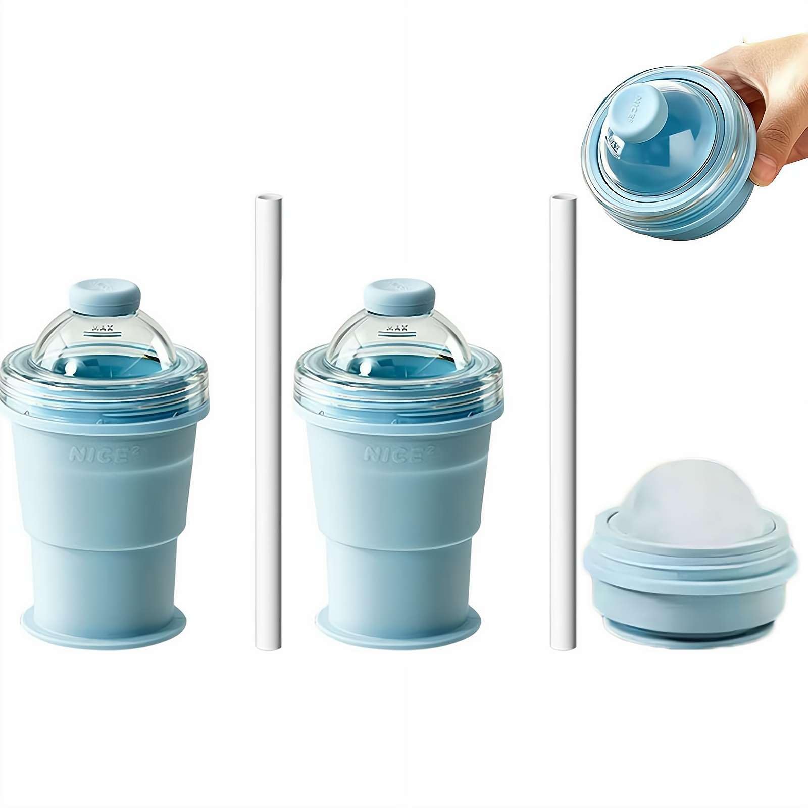 FLKWOP 2-in-1 Collapsible Silicone Ice Ball Maker Cup, Reusable Portable Ice Sphere Mold with Straw & Lid, Easy Demolding, Leakproof Travel Tumbler for Coffee, Juice, Home, Gym, Outdoor