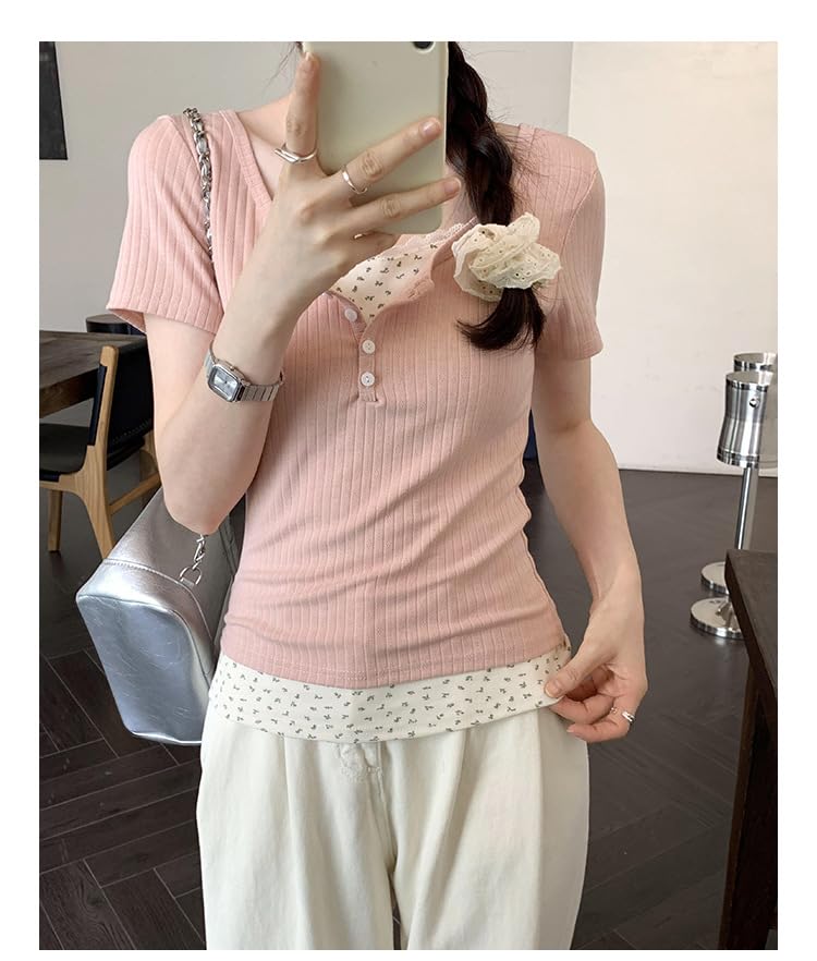 Women Lace Trim Y2K Cute Tshirt Coquette Floral Summer Ribbed Knit Crop Top Fairycore Baby Tees Cottagecore 90s Shirt4