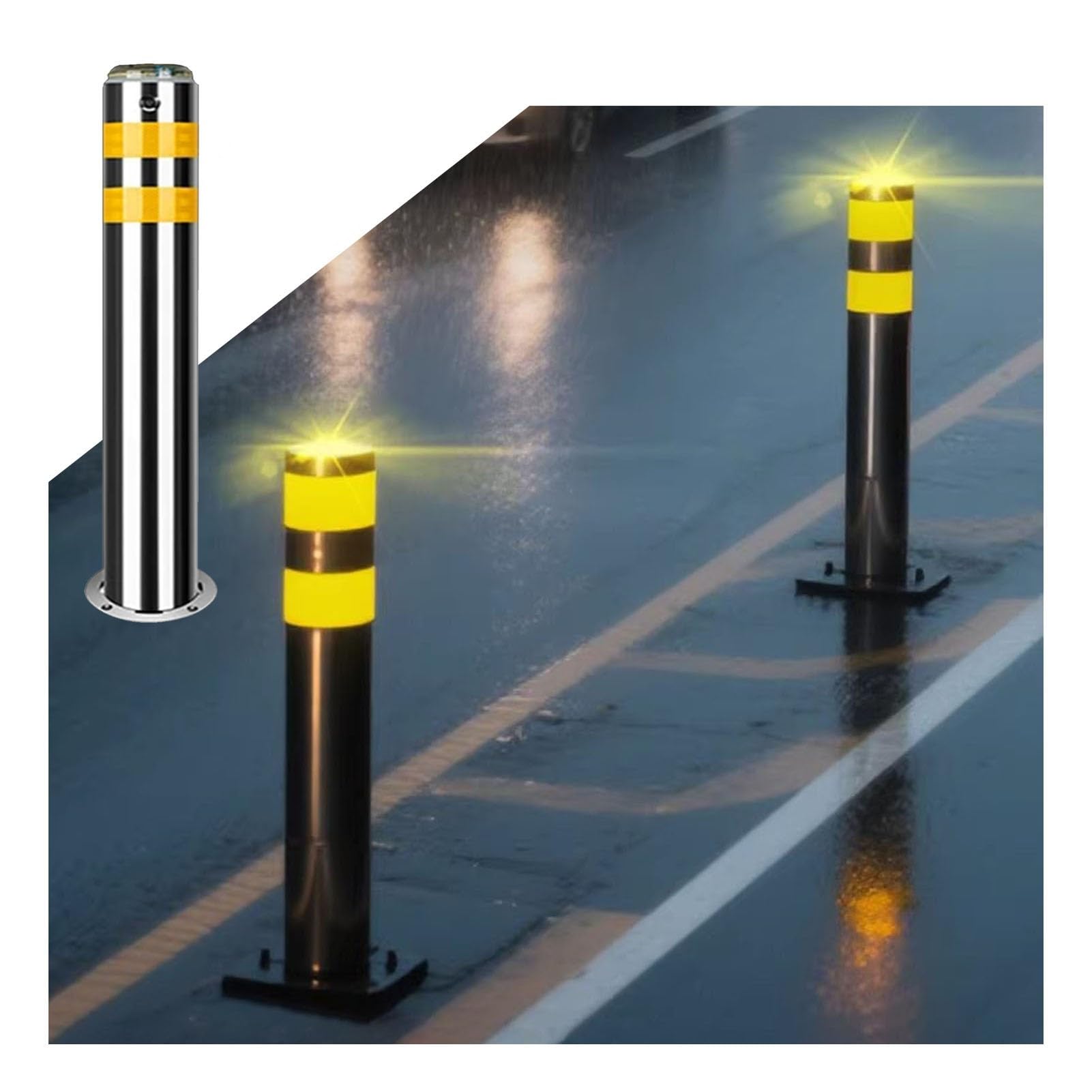 Bornes de sécurité amovibles en acier inoxydable avec éclairage solaire, bandes réfléchissantes et verrouillage pour la gestion de la circulation - Lot de 10 (75 cm x 9 cm) - Barrières d'all