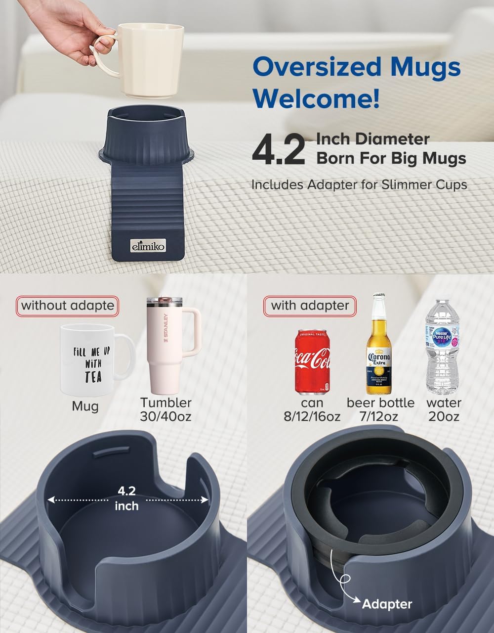 Couch Cup Holder, Elimiko Silicone Sofa Drink Holder with Upgrade Large Cup Holder, for Oversized Mug/Cup/Tumbler/Drink/Coffee/Bottle/Cans (Navy Blue) - Image 3