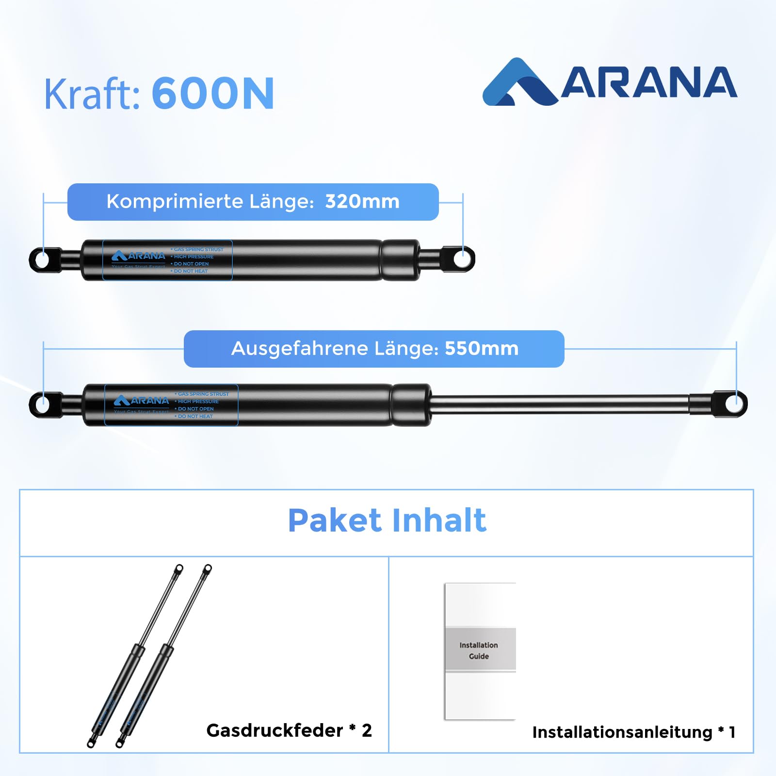 ARANA Sprężyny gazowe, sprężyny gazowe 550 mm, 600 N, sprężyna gazowa 61 kg, zamienny amortyzator gazowy, uchwyt hydrauliczny do drzwi szafki, skrzyni na zabawki, kanapy, drzwi do kampera i