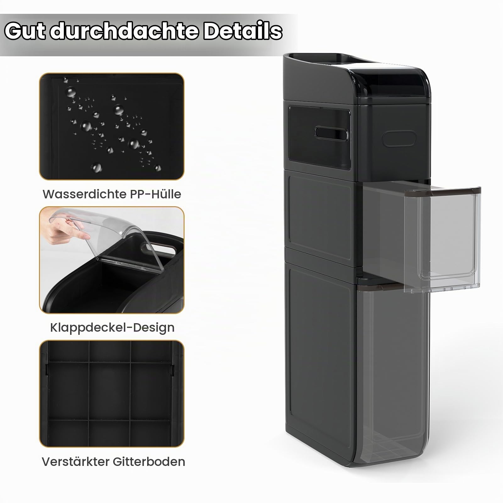 LIFEZEAL Schmaler Badezimmerschrank, Nischenschrank auf Rollen, Schrank mit Schublade, 4-stöckiger Beistellschrank mit Taschentuchbox, Kompakter Aufbewahrungsschrank für Bad, Küche, Büro (Schwarz)