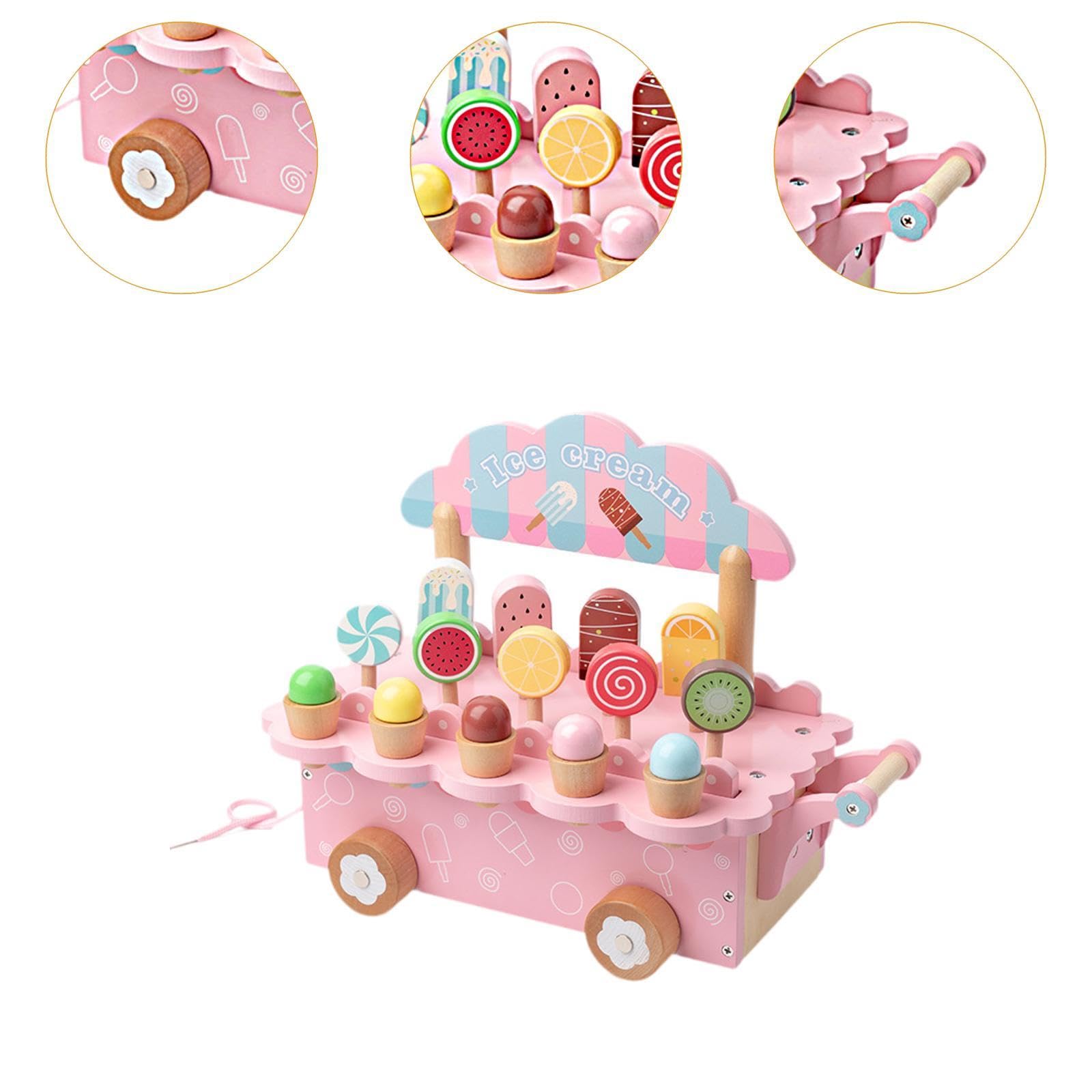 Set di Giocattoli in Legno a Forma di Gelato per Giochi di Ruolo in Cucina, Set Educativo in Legno con Cibo Giocattolo per Bambini dai 3 agli 8 Anni, Rosa
