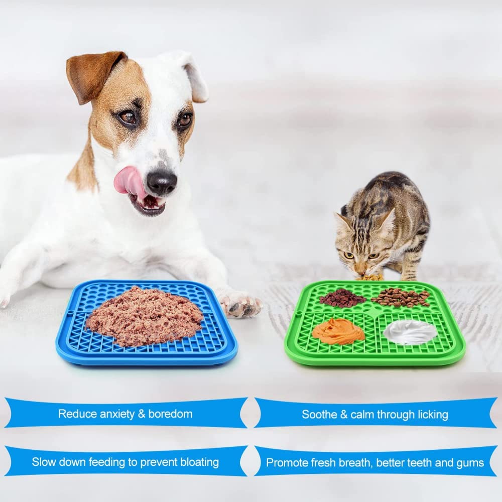 BUE Leckmatte für Hunde, 3 Stück, Leckmatte für langsames Füttern, mit Saugnäpfen (grüne Hunde-Leckmatte, blaue Leckmatte für Katzen, orangefarbener Spatel) für Hundeleckerlis und Katzenfutter