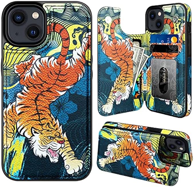 MMHUO for iPhone 14 Case with Card Holder,Fashion Design Magnetic Back Flip Case for iPhone 14 Wallet Case for Women Girls,Protective Case Phone Case for iPhone 14,Tiger