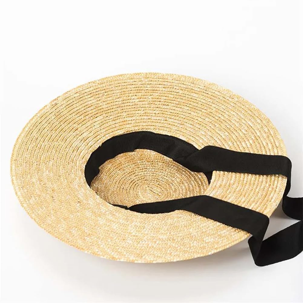 Gorra plana de ala ancha, sombrero de paja de verano para mujer con lazo para exteriores