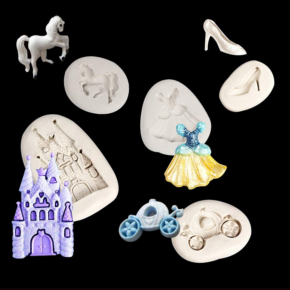 5Pcs/Set Cinderella Fondant Mold Fairy Tales Castle Pumpkin Carriage Princess Dress Crystal Shoes Silicone Chocolate Candy Mold Gum Paste Sugar Craft Cake Cupcake Decorating Tool Resin Clay Mould - Image 2