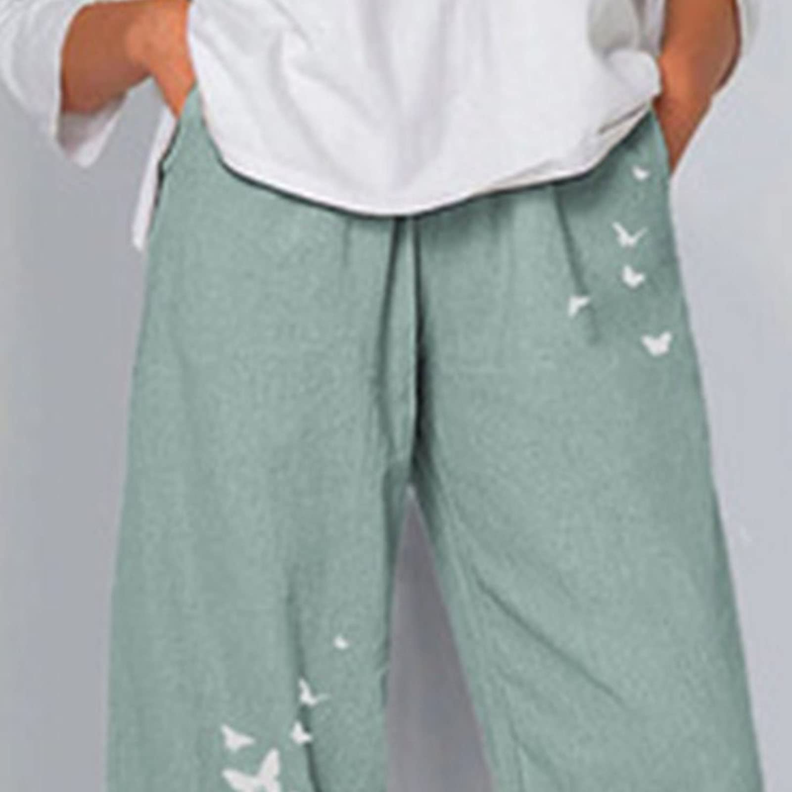 Maiyifu-GJ Women's Cotton Linen Loose Pants Summer Casual Baggy Lounge Pants Elastic Waist Lightweight Wide Leg Trousers (Light Green,3X-Large)