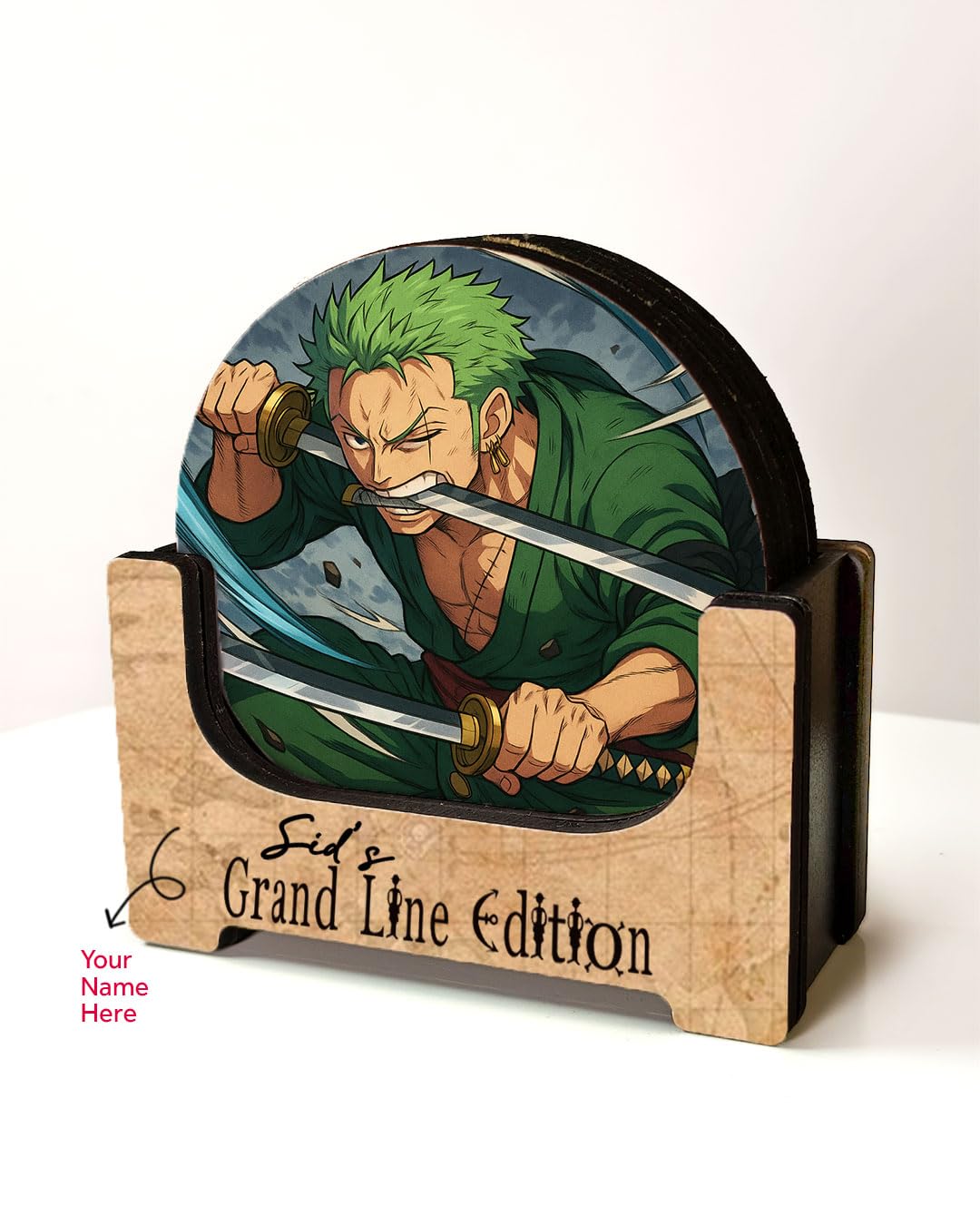 Anime Gifts Inspired Coaster Set (6-Piece) with Holder | Printed MDF Drink Coasters for Table Protection | Otaku Room & Gaming Desk Decor Gift | Alpha Nova Creations 1