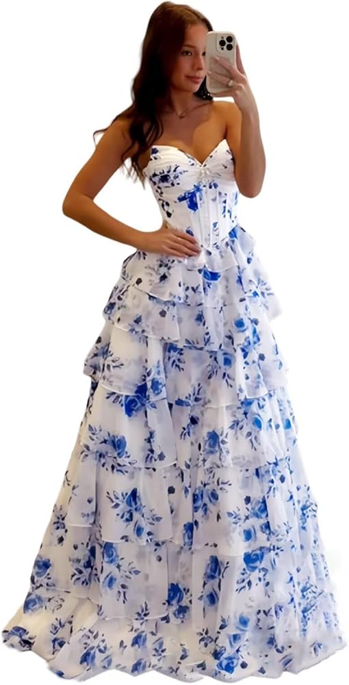 Abito Da Ballo Lungo Senza Spalline - Chiffon Stratificato, Stampa Floreale, Scollo A Cuore E Spacco