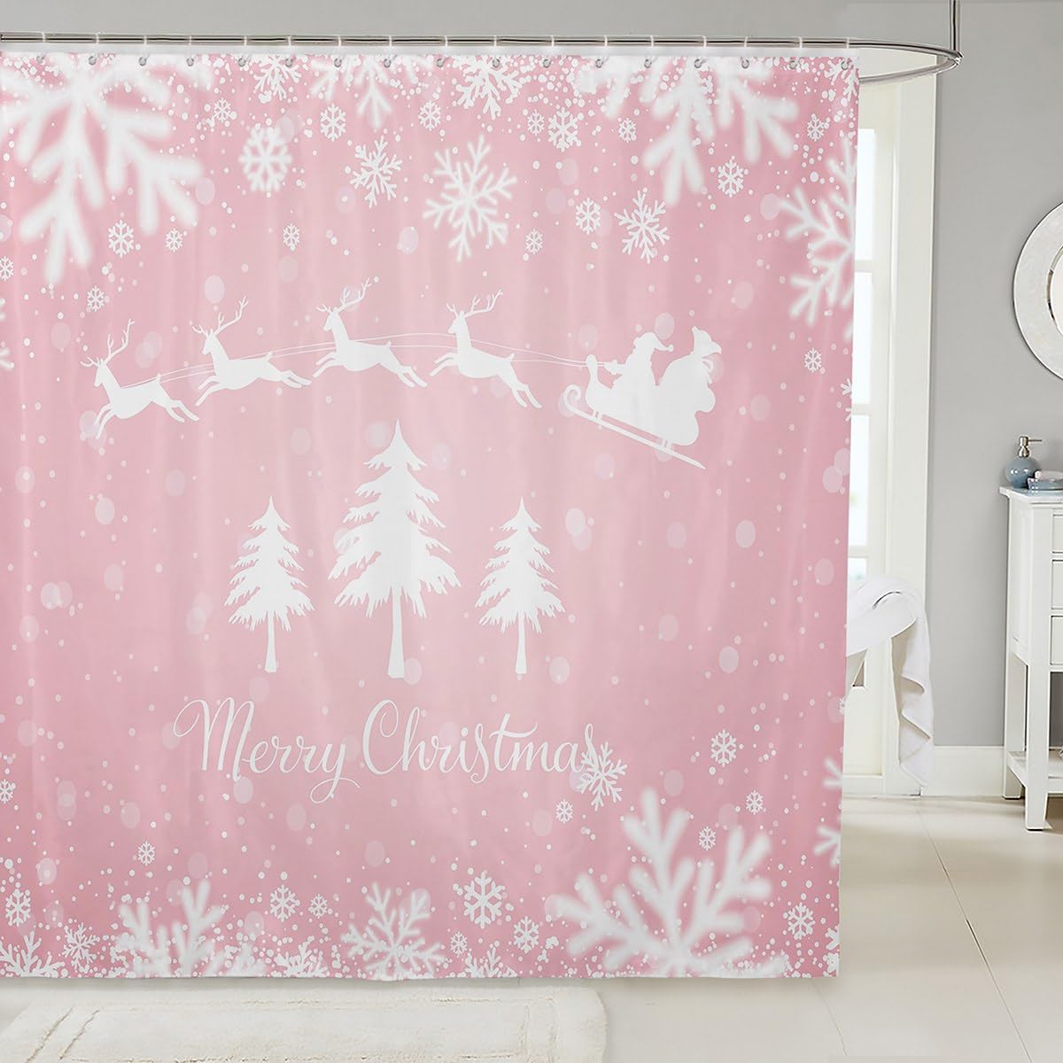 jejeloiu Pink Christmas Merry Christmas Tree Shower Curtain for Kids Boys Girls Teens Santa Claus Bathroom Shower Curtain Set 72"x72" Xmas Deer Elk