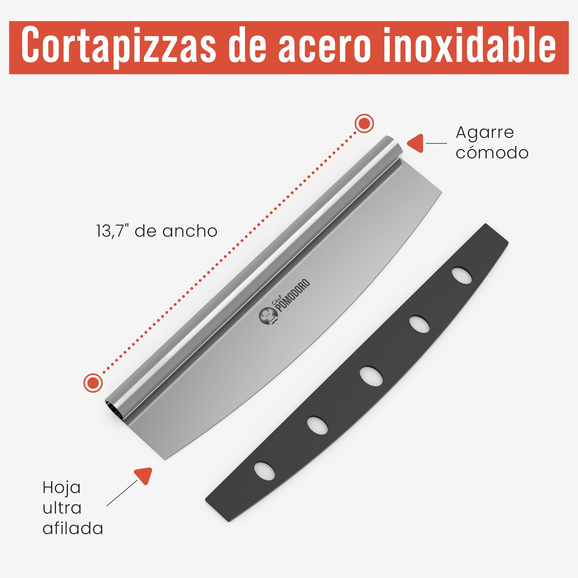 Chef Pomodoro - Juego De Cortador De Pizza De 14"" Con Cuchilla Oscilante Y Tabla Para Cortar Pizza – Cuchilla De Acero Inoxidable Y Tabla De Madera Con Guía Para Cortar Pizza