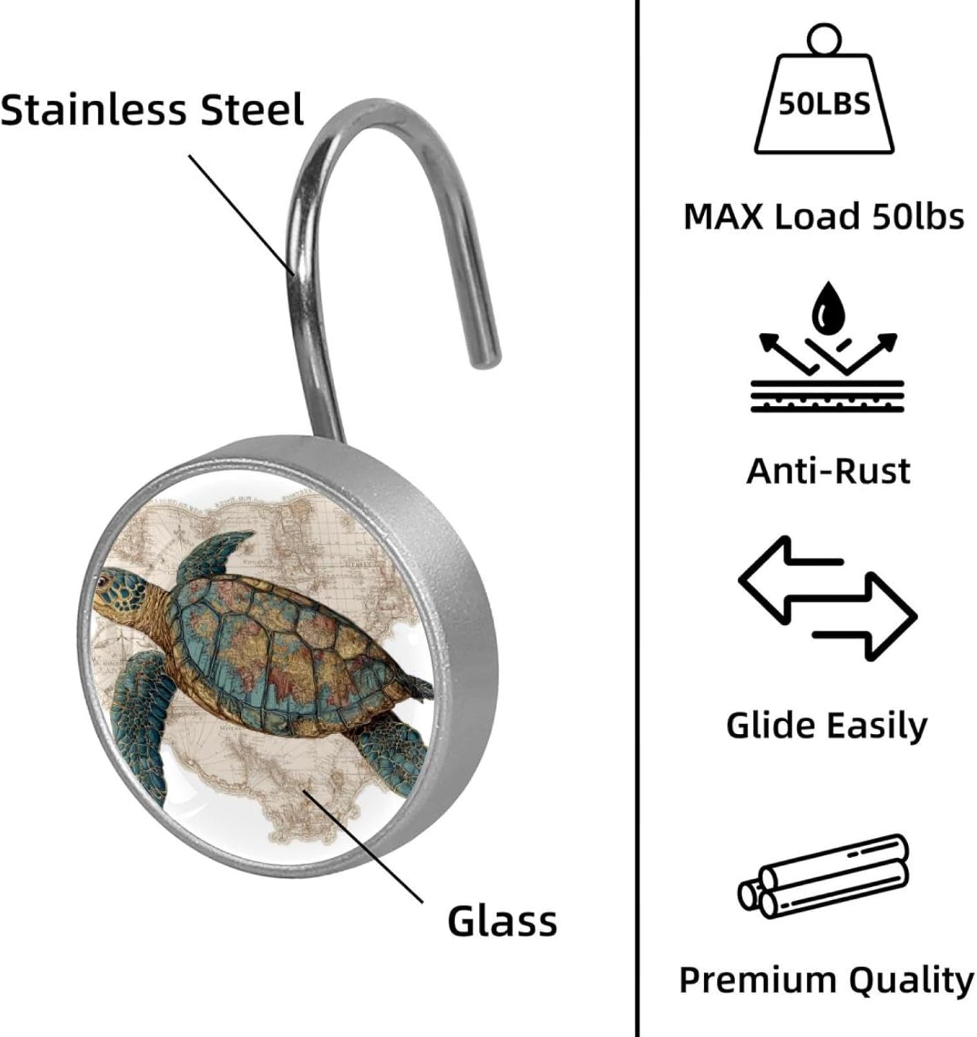 12PCS Retro Map Cute Sea Turtle (2) Shower Curtain Hooks Metal Rust Resistant Decorative Shower Curtain Hooks Bathroom Decorations