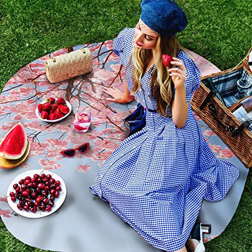 Warm Tour Cherry Blossom Pink Flowers Kitchen Table Cloth Waterproof Round Tablecloths,Blue Gradient Sky Spillproof Tablecover For Dining Room/Outdoor Parties/Bbq/Banquet #TOP2