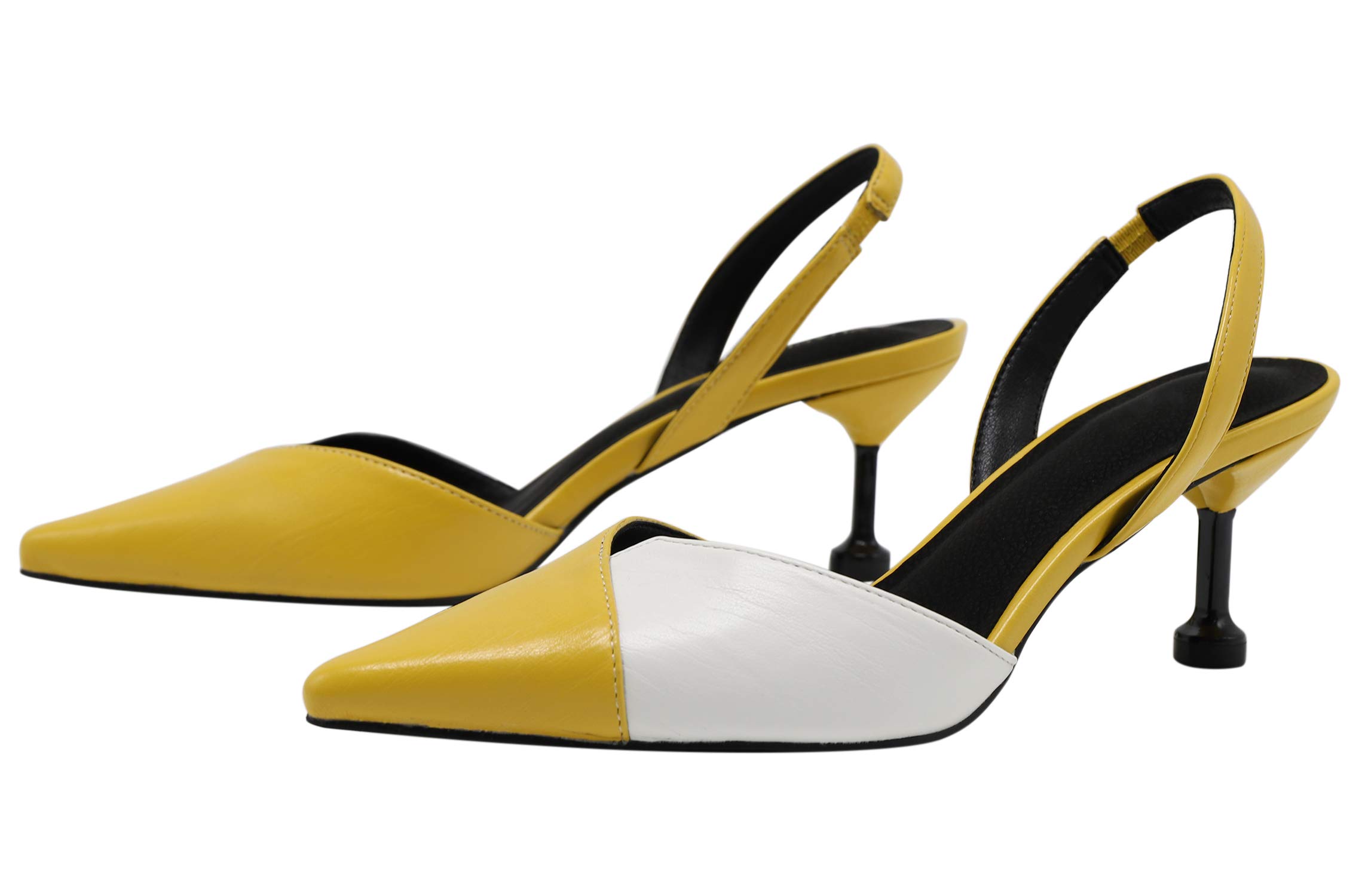 BIGTREE Womens Slingback Shoes Patent Leather Pointy Toe Kitten Heels Contrast Stitching Pumps Shoes