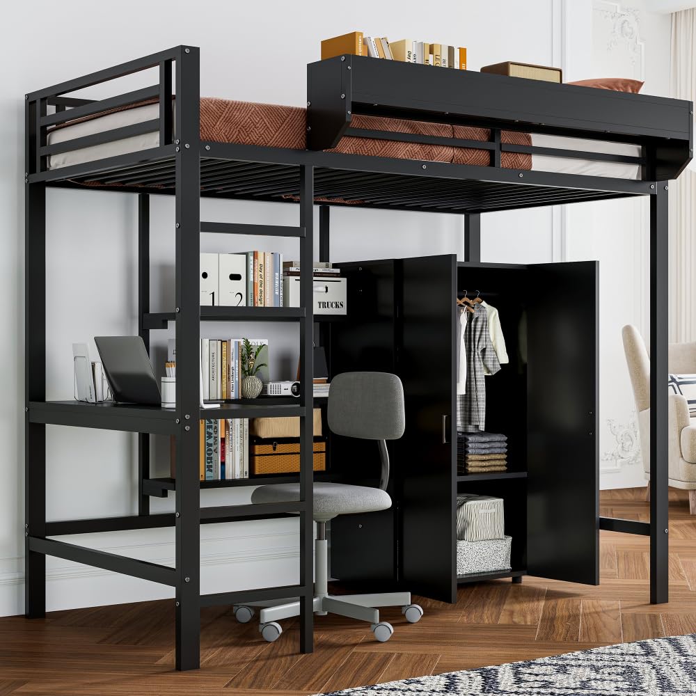 I0I&I0I Litera de hierro para niños con mesa y armario, amplio espacio de almacenamiento con escalera de 5 niveles, tablero de partículas de hierro, color negro + metal y madera + 90 cm x 200 cm