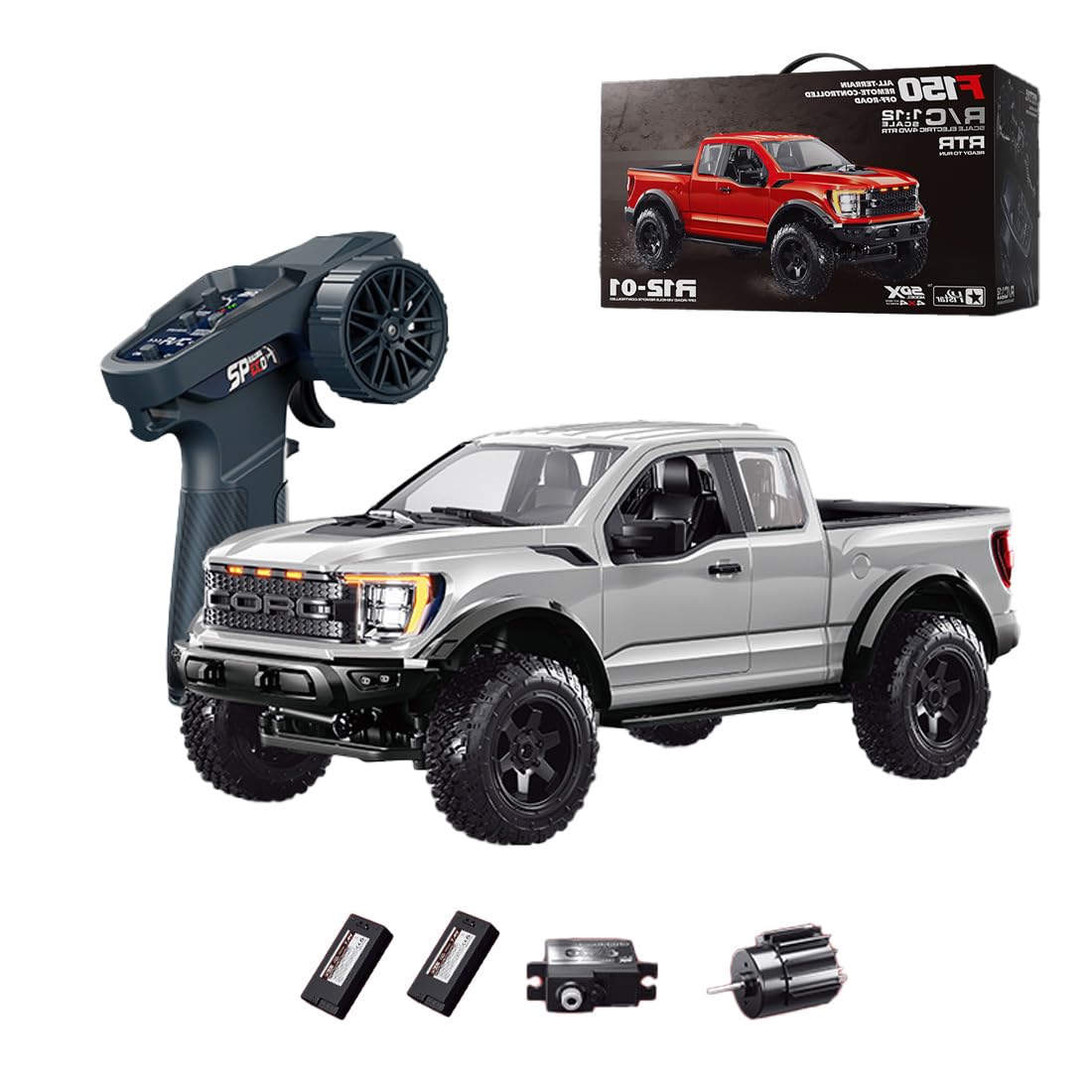 RCXTechPro 1:12 Scale F-150 Raptor 4WD RC Truck Off Road Pickup Remote Control Car with High Speed Motor, LED Lights, Independent Suspension (R12-01Q/Sliver/2 Battery)
