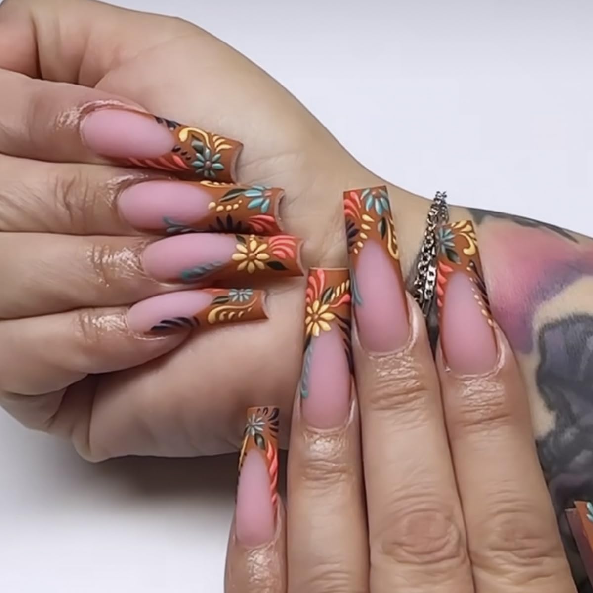 24 Pcs Halloween Decorations Press on Nails Long Matte Pink -BHLFRH Fake Nails Coffin Nail Press ons French with 3D Flower Design for Various Halloween DIYs Long Nails Acrylic Artificial False Nails