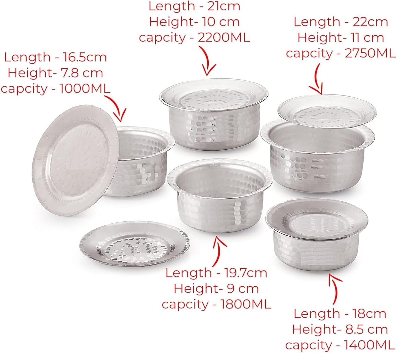 RK_Enterprises Aluminium Hammered Tope Set with Lid | Patila Set of 5 (900 ML, 1.2L, 1.5L, 1.8L & 2.3L) |Food-Grade Aluminium Kitchen Utensils for Traditional Indian Cooking | Utensils Set for Kitchen