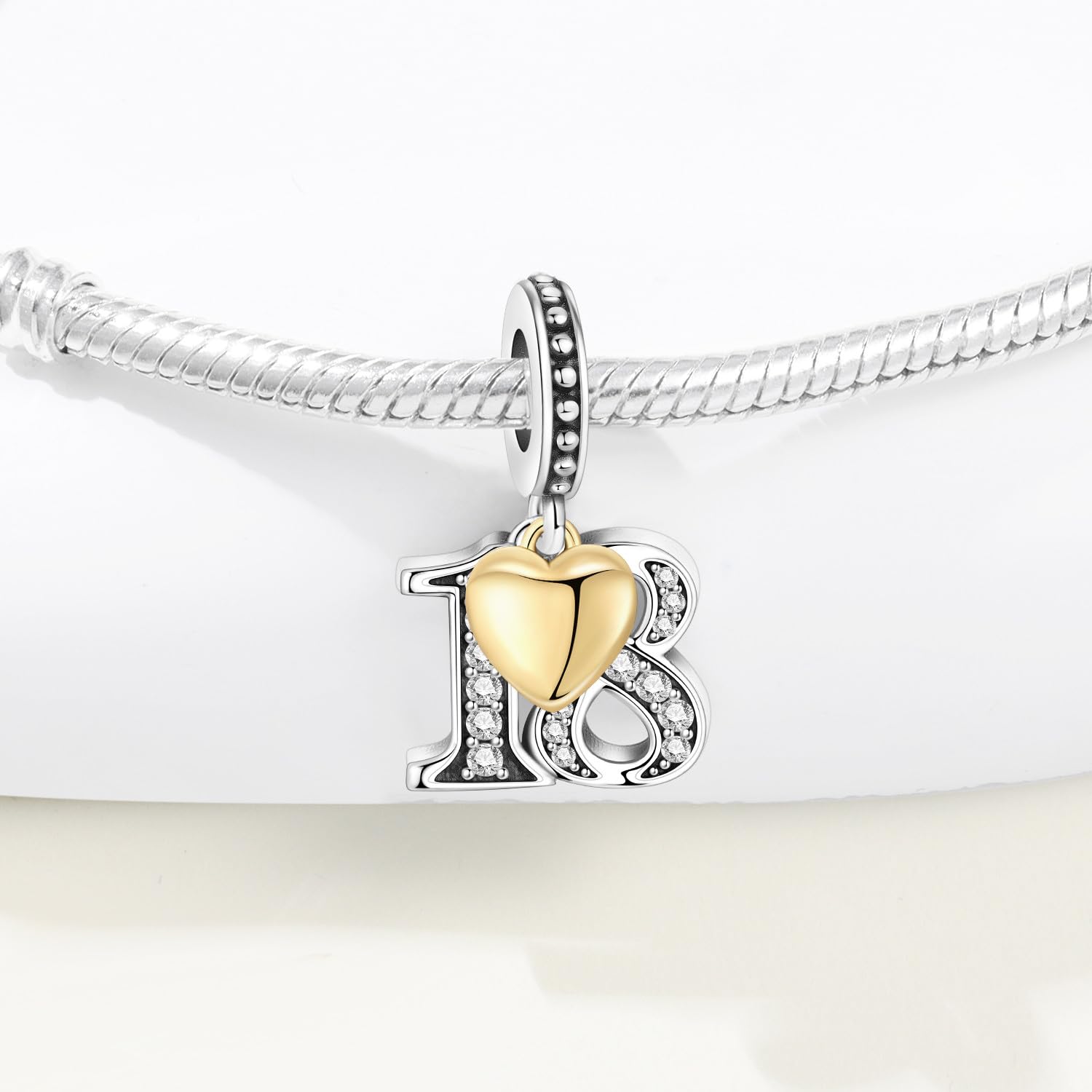 Zahl Charm für Armband & Halskette, Sterling Silber 925 mit Zirkon & 18K vergoldetem Herz, Geschenk für Jubiläum, Geburtstag, Alter (10 13 15 16 18 20 21 25 30 40 50 60)