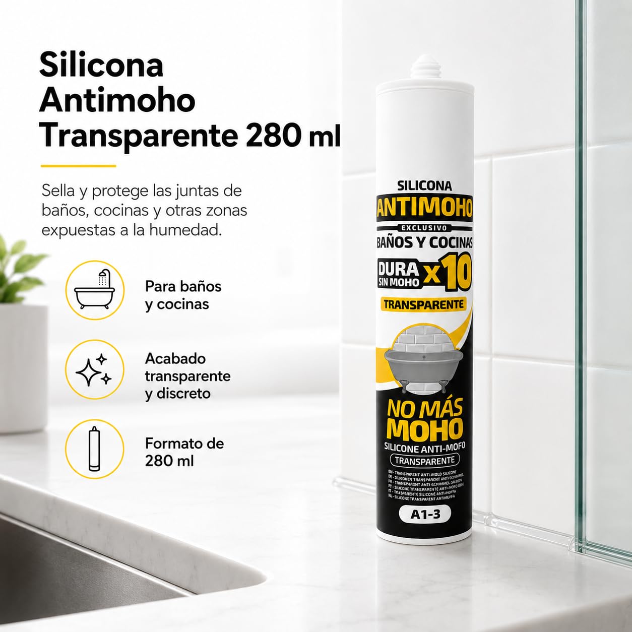 Silicona antimoho transparente 280 ml para baños y cocinas, pack de 12