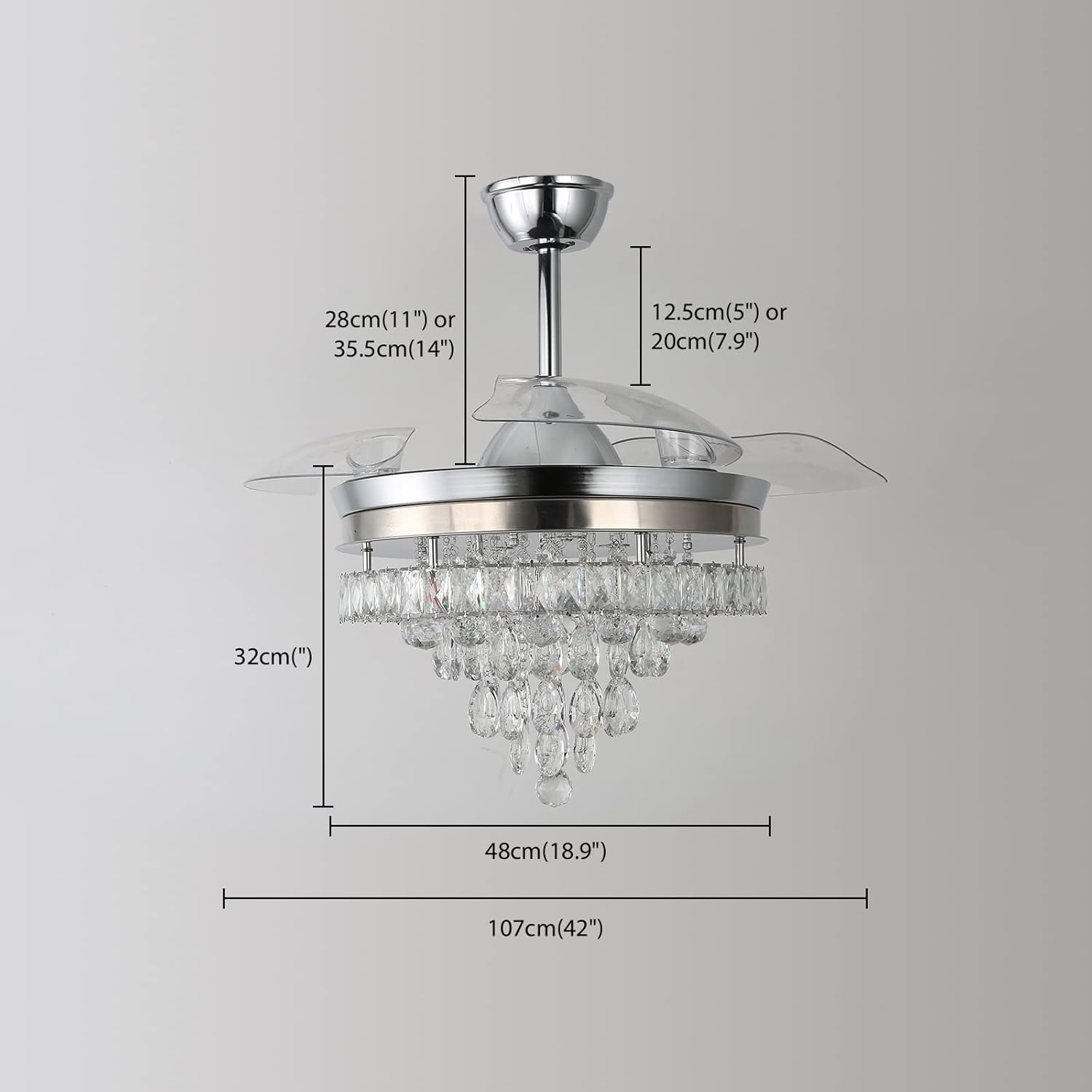 Finktonglan 42" Crystal Fandelier Ceiling Fan with Lights, Retractable Blades, Dimmable 60W LED, Remote & App Control, Quiet Reversible Motor, 6 Speeds & Timer, Downrod Mount for Bedroom/Living Room