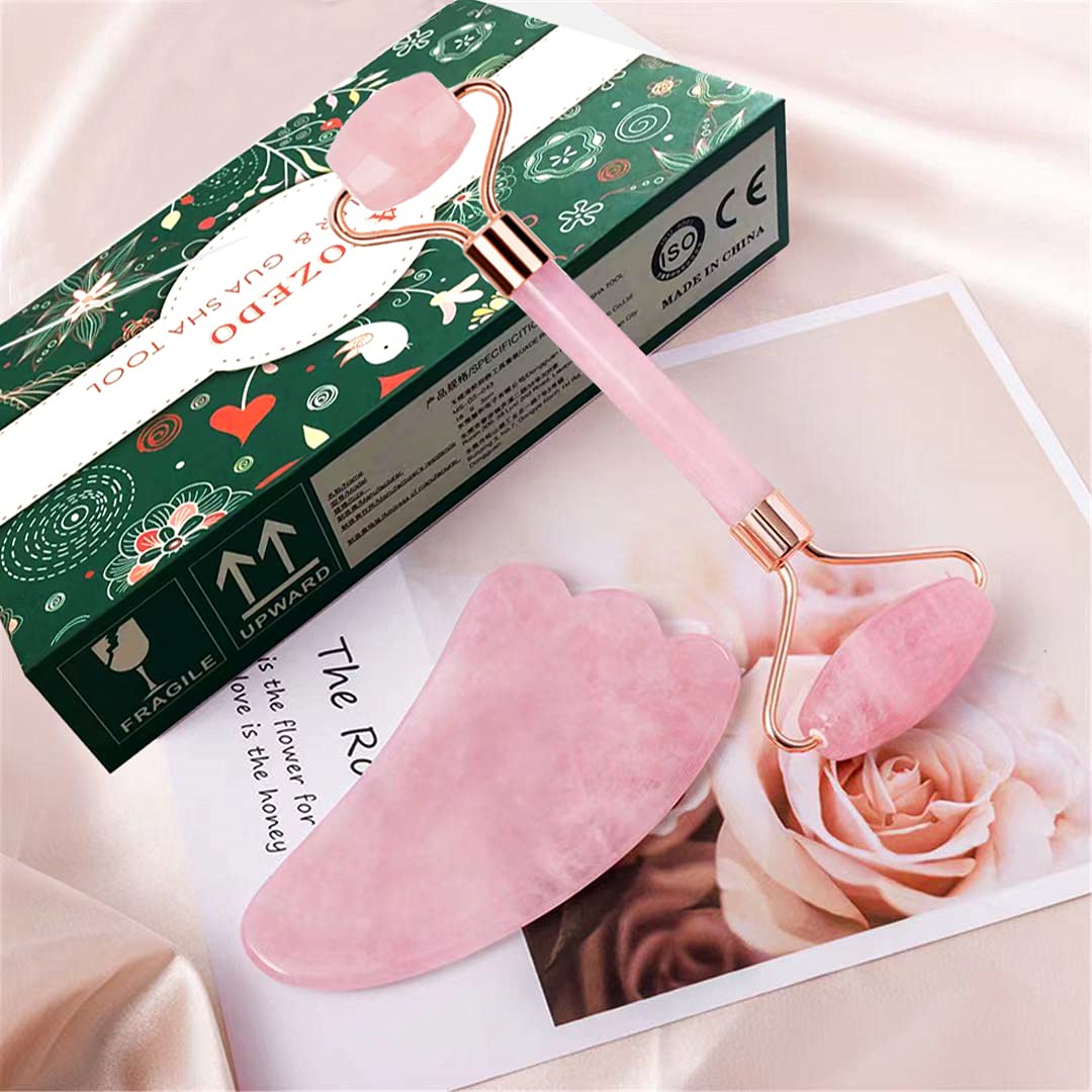 Face Roller & Gua Sha Facial Tools Set for Skin Care, Natural Rose Quartz Roller Face Massager Beauty Roller for Face & Body, Anti Aging Relieve Wrinkles Firm the Skin, Noiseless Design