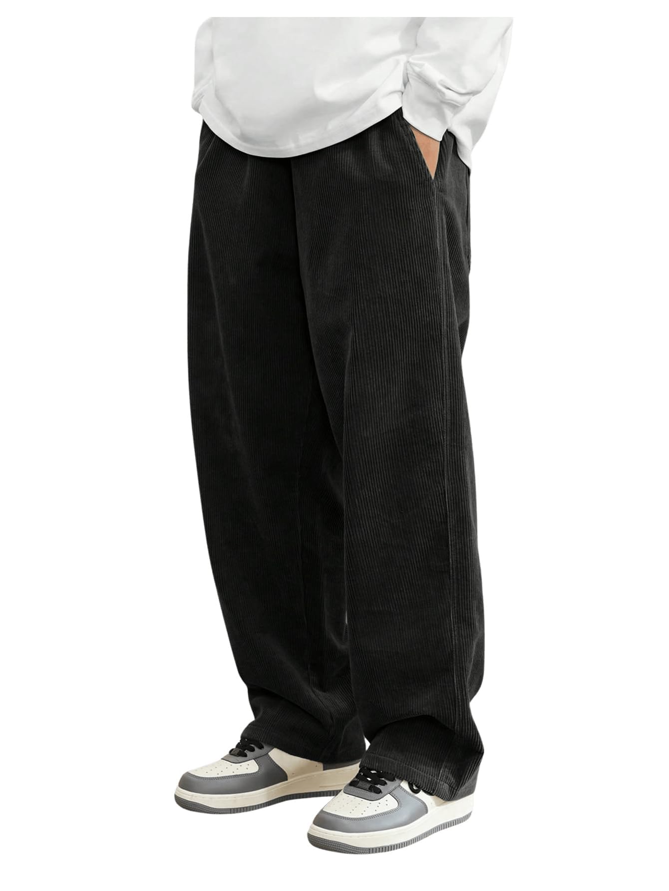 Buy AVANOVA Men's Black Front Tie Loose Fit Corduroy Baggy Long