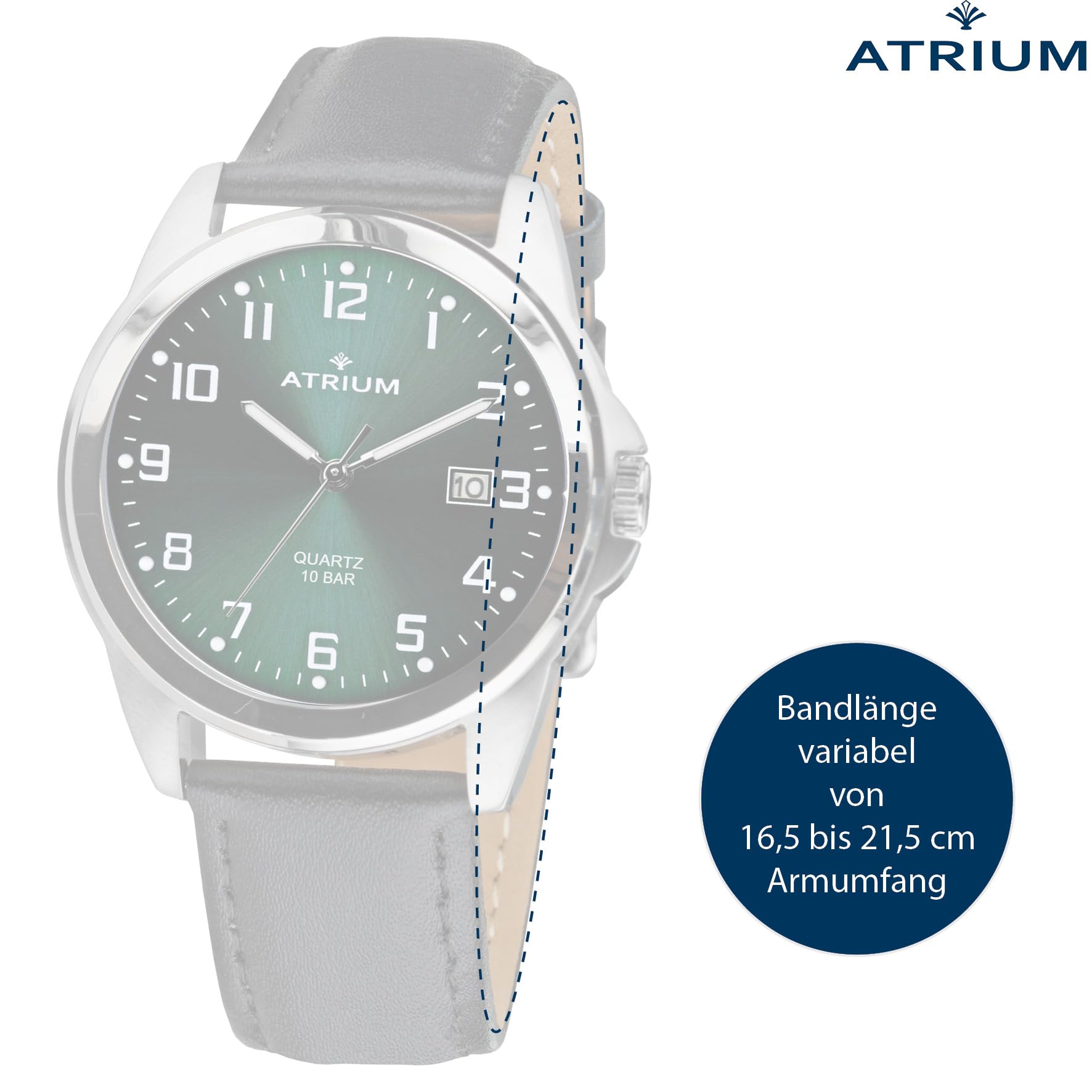 Atrium Herren-Armbanduhr Edelstahl Analog Quarz 10 bar mit Datum, Leuchtzeiger, sehr deutliches Zifferblatt Dunkelgrün und Lederband schwarz A16-16