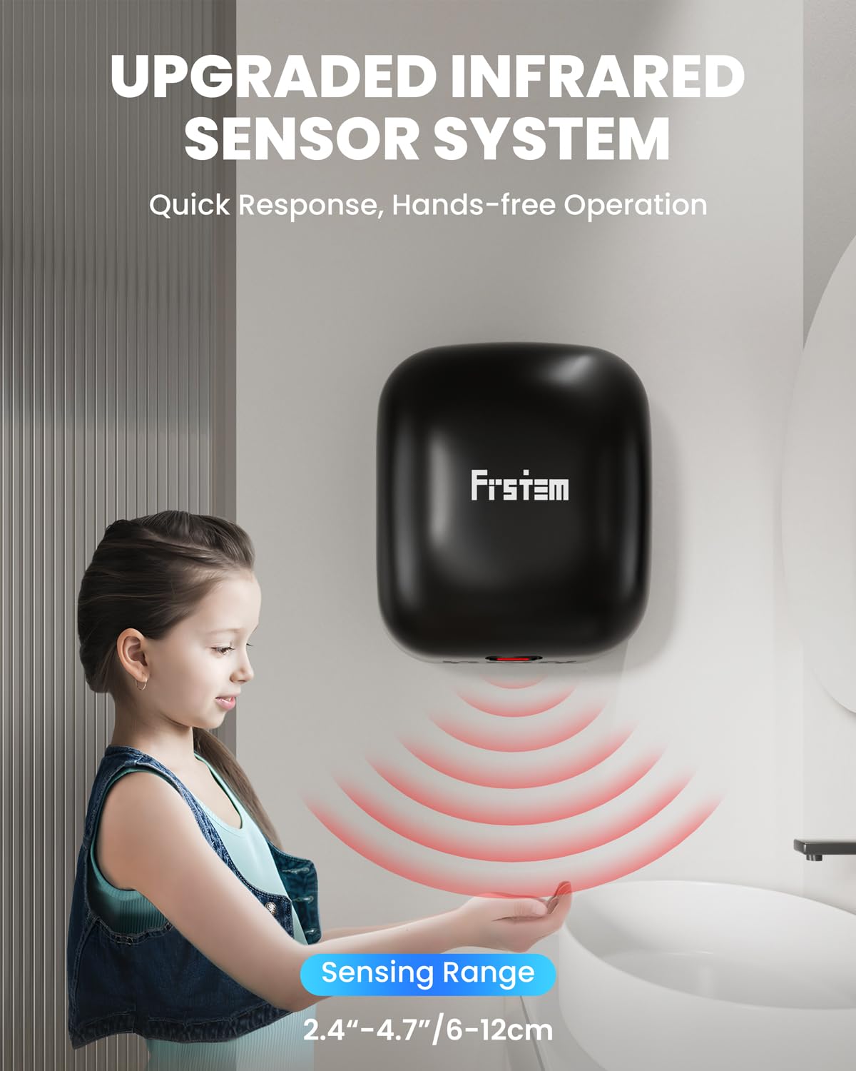 1400W Kommerzieller Händetrockner Automatischer Hand Dryer mit Automatischem Infrarotsensor & Intelligenter Temperaturregelung für Zuhause Badezimmer Restaurants Hotels, Schwarz
