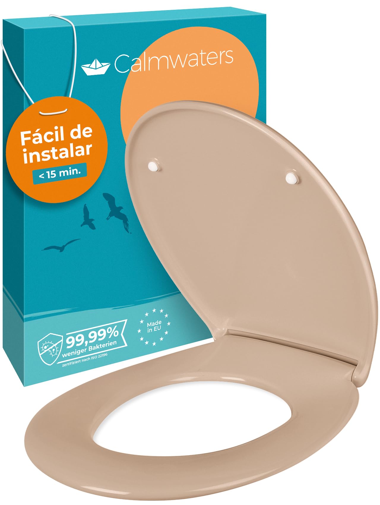 Calmwaters® Premium asiento de inodoro de fácil instalación, hasta 250 kg, Made in EU, duroplast antibacteriano, doble mecanismo de cierre suave, 2 opciones de fijación, extraíble, ovalado, beige