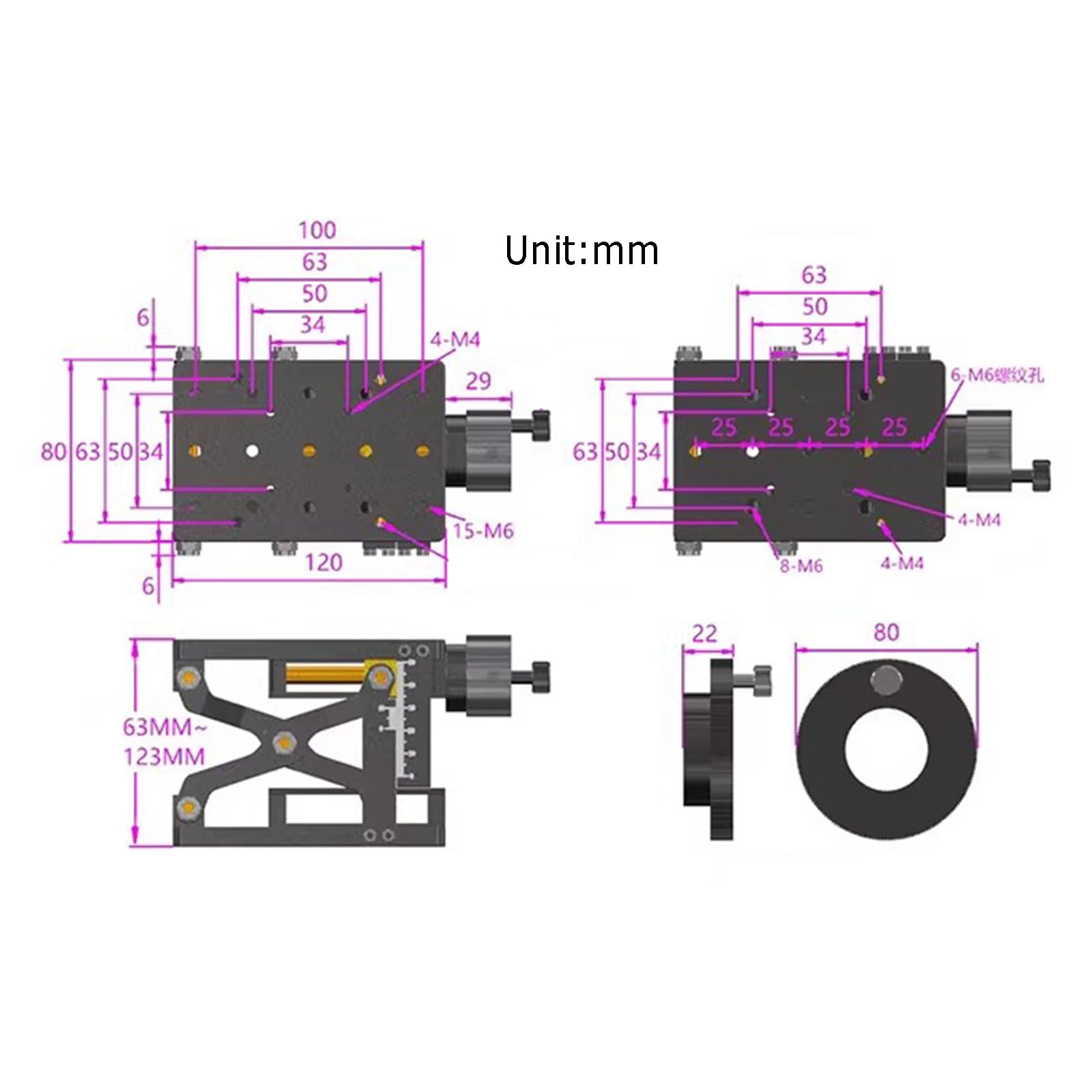 Plataforma de elevación manual de gato de laboratorio, mesa deslizante de posicionamiento de rotación, elevador de etapa lineal de aleación de aluminio, carrera de 60 mm con regla de escala para