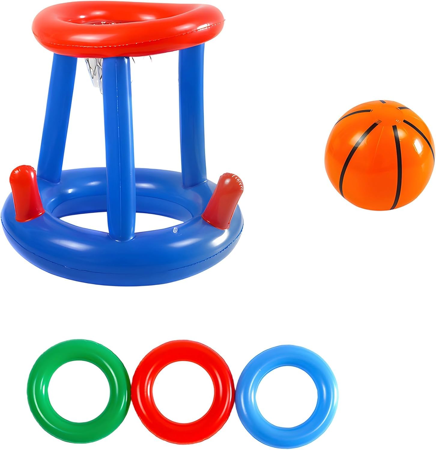 SrgPui Pool Basketball Hoop Set, Inflatable Pool Games with 1 Basketball and 3 Rings