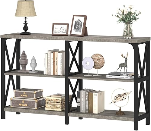 Miniatura 90 de IBF Mesa de entrada de granja, mesa consola larga rústica detrás del sofá, moderna mesa de sofá de madera de metal con estantes de almacenamiento,