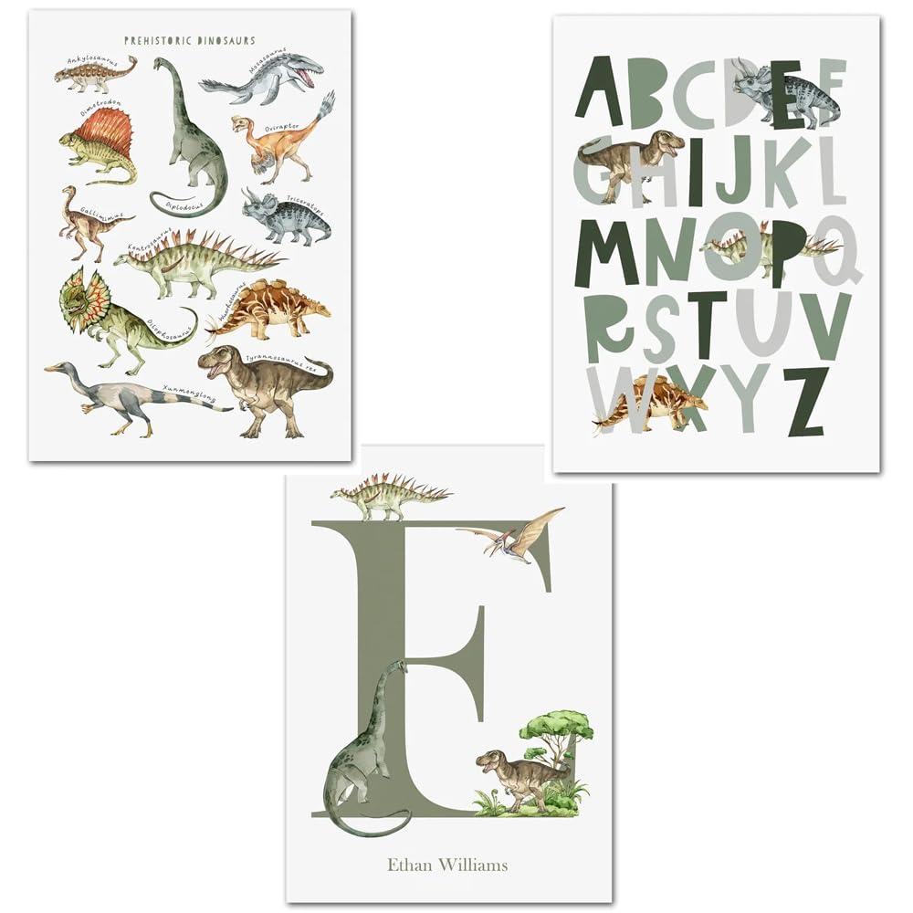 Youihom 3 Quadretti Personalizzati Bimba Stampa Nome Bambino 30 x 40 cm Quadretti Cameretta Ragazzi Quadri Dinosauri Cameretta Poster Alfabeto Bambini Verde Stampe Tela Senza Cornice