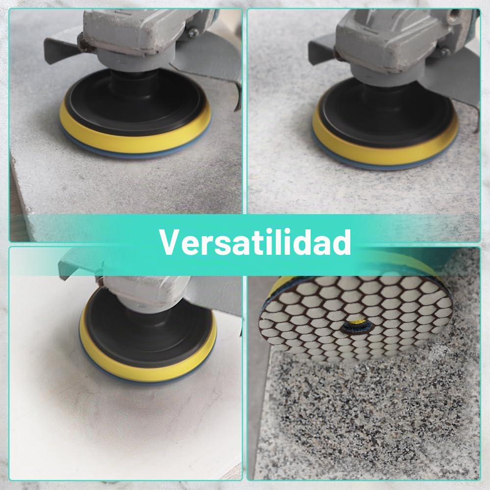 Diamante Almohadilla de Pulido en Seco - 7 piezas 100MM (#50/100/200/400/800/1500/3000) + M14 Plato de Apoyo + Adaptador,para Granito Mármol Piedra Artificial Cuarzo LEKOMESH