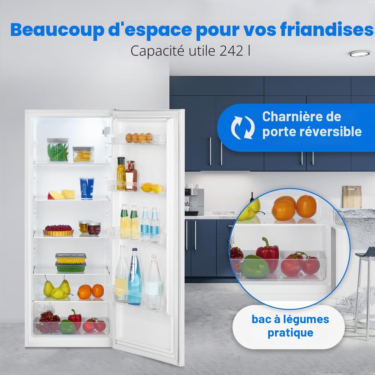 Bomann Réfrigérateur 242 L Pose Libre Éclairage LED VS 7363, Blanc | réfrigérateur pose libre, éclairage LED, clayettes en verre, contrôle de la température en continu