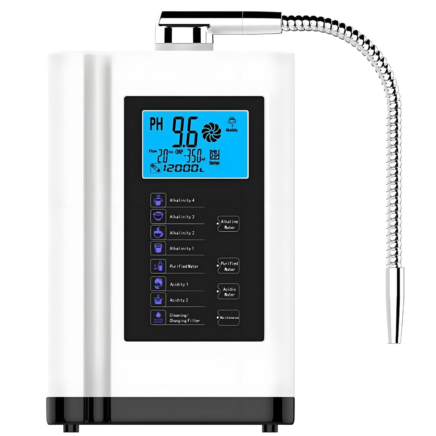 Filtro per acqua alcalina domestico, ORP fino a -500 mV, ionizzatore d'acqua alcalina, PH 3,5-10,5, con 7 impostazioni dell'acqua, 8000 litri per filtro, pulizia automatica, voce intelligente White