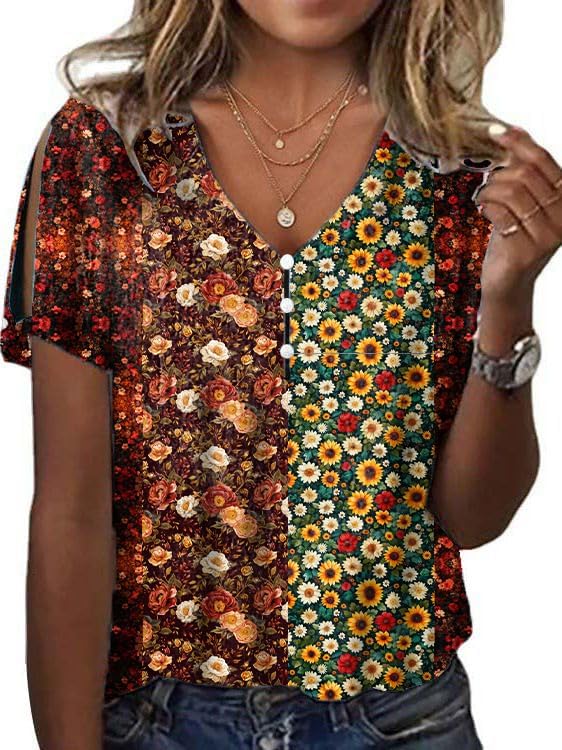 Women's Summer Floral Printed Cotton Shirt Casual V Neck Tank Tops Short Sleeve Loo...