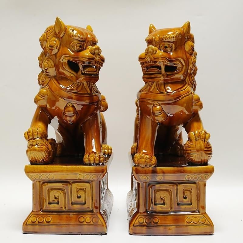 Paire de Chiens de Fô en Céramique Sancai Statues Lions Gardiens Tang