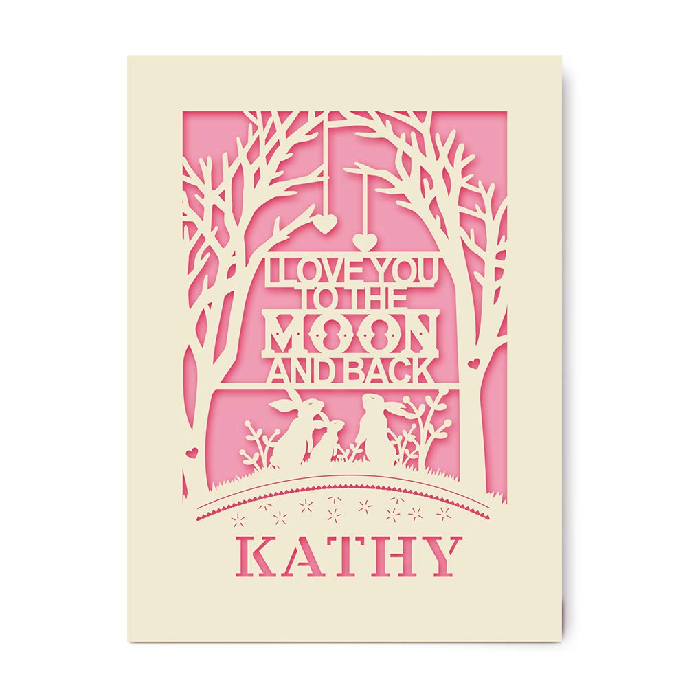 Personalised Children's Day Papercut Card for Her I Love You to The Moon and Back Paper Card Greeting Cards with Envelopes Customized Names Gift Handmade in UK (Pink)