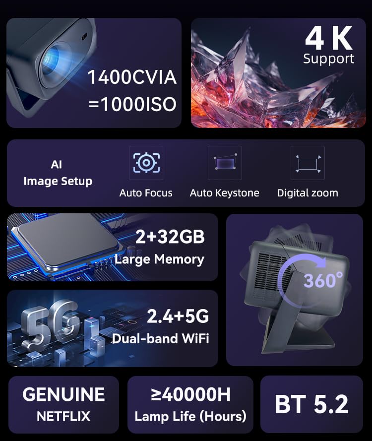 Image of Certified 4K GTVS + Dolby Digital Plus with Atmos, HDR10, 24000 Lumens & HDMI EARC AUN Spectra Projector 4K Ultra HD True Support, 1080p Native, Dual HDMI, YouTube Hotstar Prime, AUN Projector