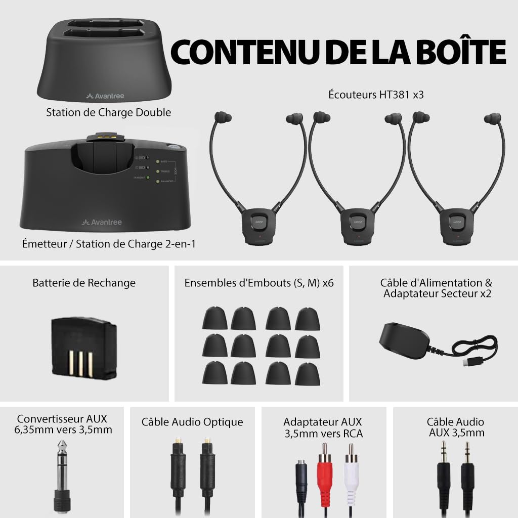 Avantree HT3831 – Casque TV sans Fil pour Seniors avec Contrôle du Volume L/R, Son Ambiant, 3 Modes EQ, Extensible Jusqu’à 10 Casques, Familles & Établissements de Soins