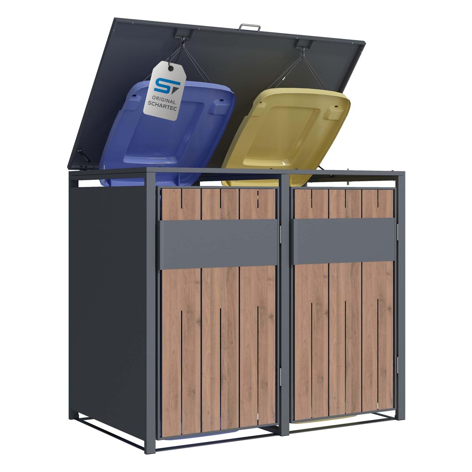 SCHARTEC® SMBS4-2 Lot de 2 boîtes à poubelles anthracite avec design en bois foncé, 1 couvercle, 2 tonnes, utilisation à une main, 240 l, protection contre les regards indiscrets