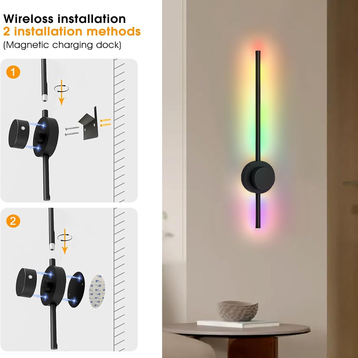2 Stück Akku Wandleuchte 16 Farben RGB Dimmbar Wandlampe USB-C Wiederaufladbar 5000mAh Abnehmbare Batterie 70CM Nachttischlampe mit Fernbedienung Touch Control Wandlicht für Schlafzimmer Wohnzimmer