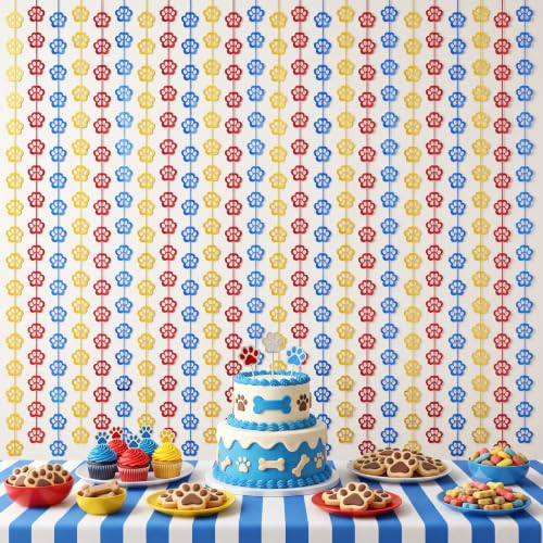 Image of TONIFUL 2Pc Blue Red Yellow Paw Cutouts Metallic Tinsel Foil Fringe Curtain | 3.3ftx6.6ft Photo Booth Backdrop Door Tinsel Streamers, Props for Dog Birthday Baby Shower Puppy Party Decorations