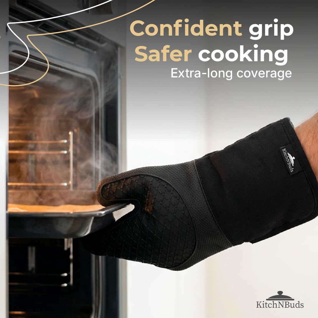 Kitch N Buds Oven Mitts, Extra-Long 15 in (38 cm), Black, Non-Slip Silicone Grip, Heat Resistant up to 500°F, Soft Cotton Lining - 3